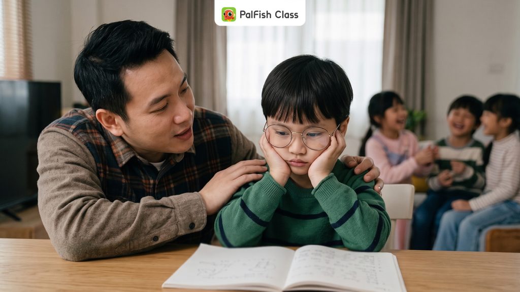 Con tự ti vì nói tiếng Anh kém bạn, ba ngồi cạnh lắng nghe khi bé cúi nhìn cuốn vở