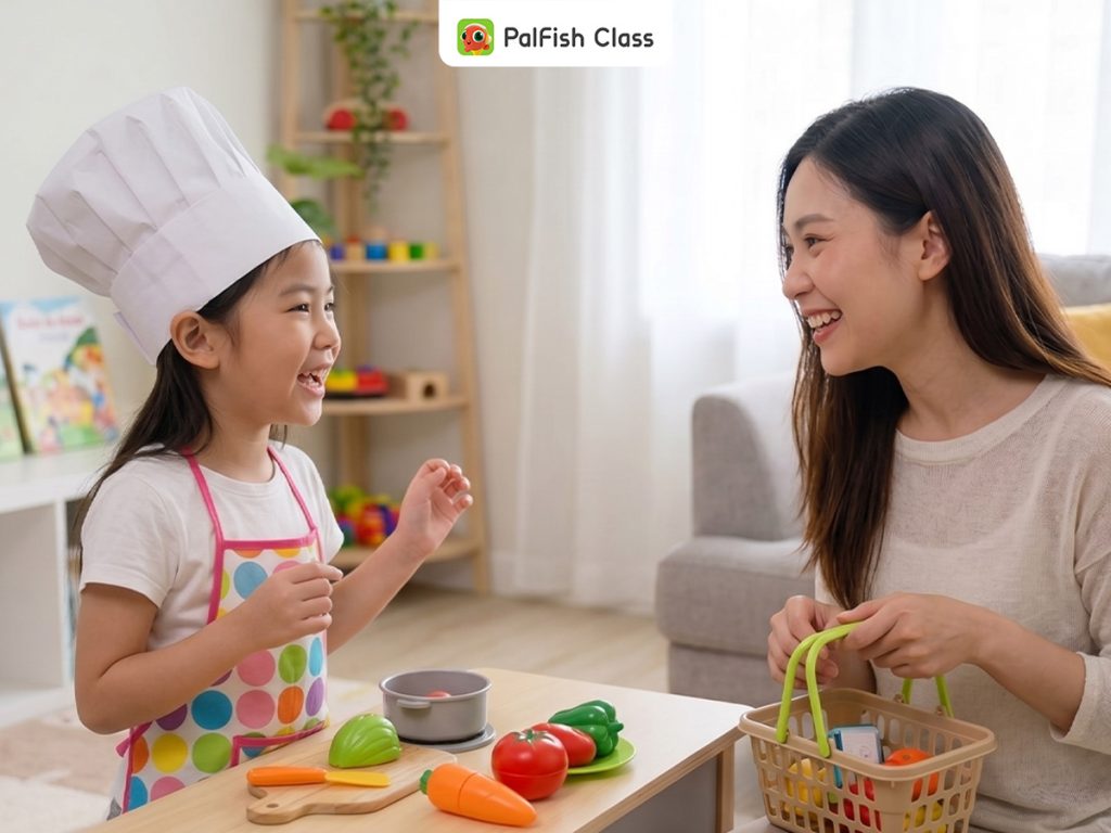 Bé 8 tuổi đóng vai đầu bếp trong buổi luyện nói tiếng Anh cho bé cùng mẹ