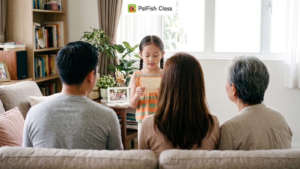 Con sợ nói tiếng Anh trước đám đông, bé hít thở sâu trước khi nói với người thân trong phòng khách