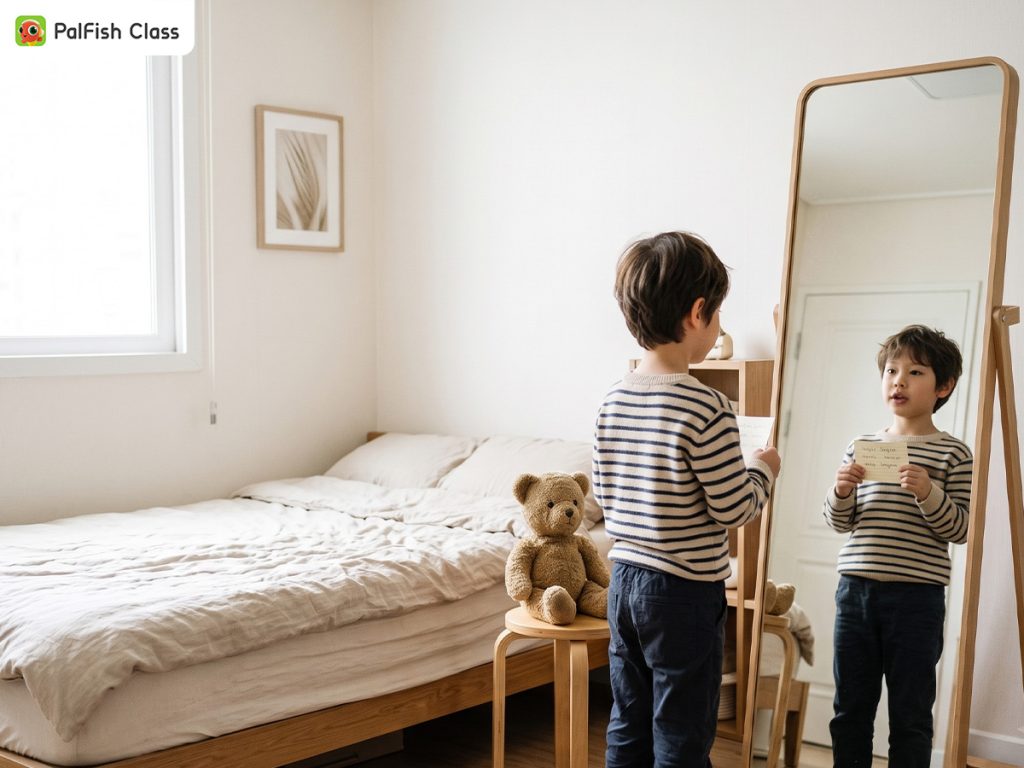 Bé tập nói tiếng Anh trước gương khi con sợ nói tiếng Anh trước đám đông ở bước đầu