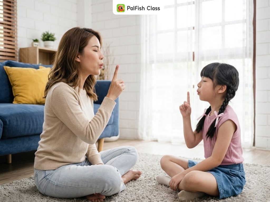 Mẹ dạy bé hít thở chậm khi con sợ nói tiếng Anh trước đám đông trước buổi thuyết trình