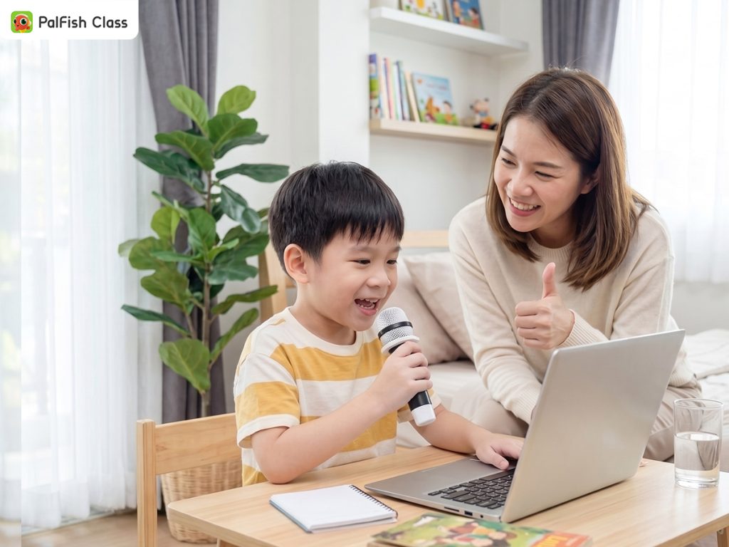 Bé đóng vai phát thanh viên với giáo viên PalFish Class khi con sợ nói tiếng Anh trước đám đông