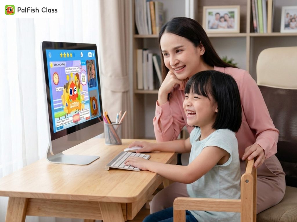 Giáo viên trong lớp PalFish Class 1 kèm 1 áp dụng cách sửa lỗi tiếng Anh cho trẻ bằng thẻ hình