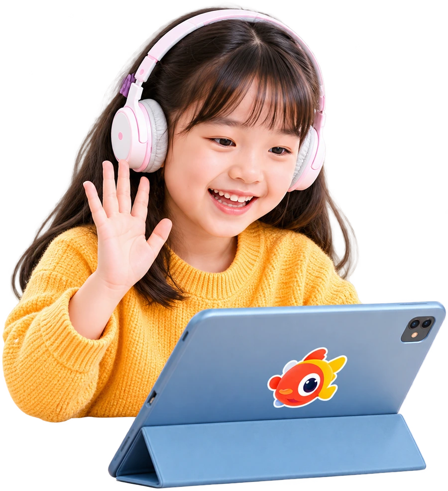 Bé gái học tiếng Anh online 1 kèm 1 trên máy tính bảng